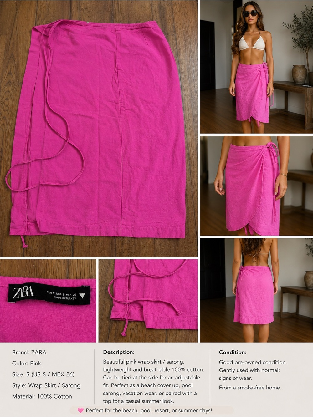 ZARA Pink Wrap Skirt / Sarong Cover-Up | Women’s Size S | Beach Vacation Resort